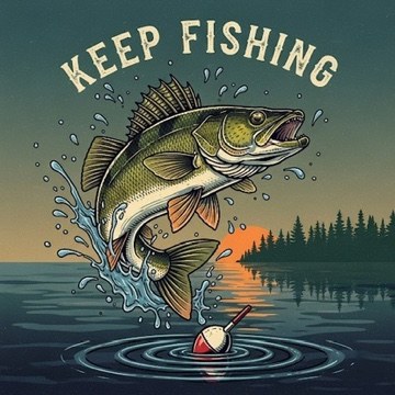 Keep Fishing illustration: a walleye leaping from the water at sunset