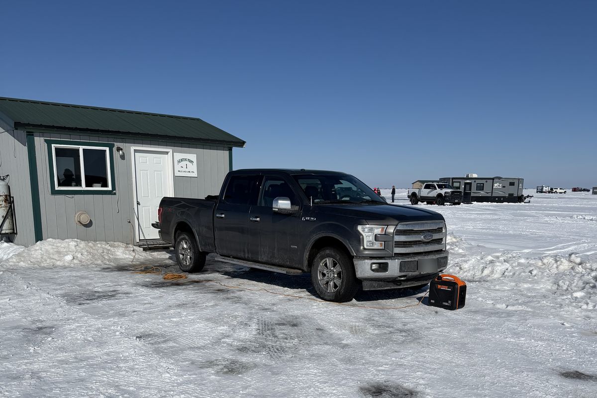 The WEN generator running on the ice beside the truck at Mille Lacs